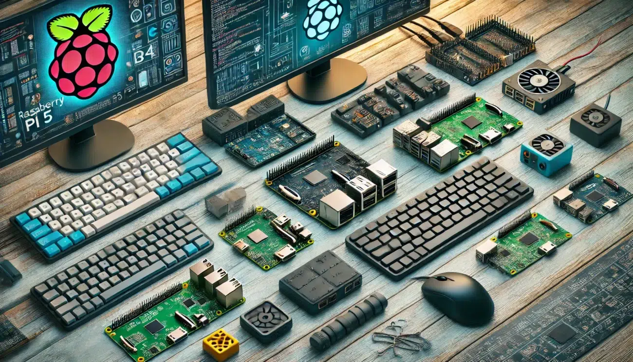 DALL·E 2024 07 02 15.27.04 A comparison setup of Raspberry Pi 5 ODROID C4 and OKDO ROCK mini computers side by side. Each device is connected to its respective peripherals lik