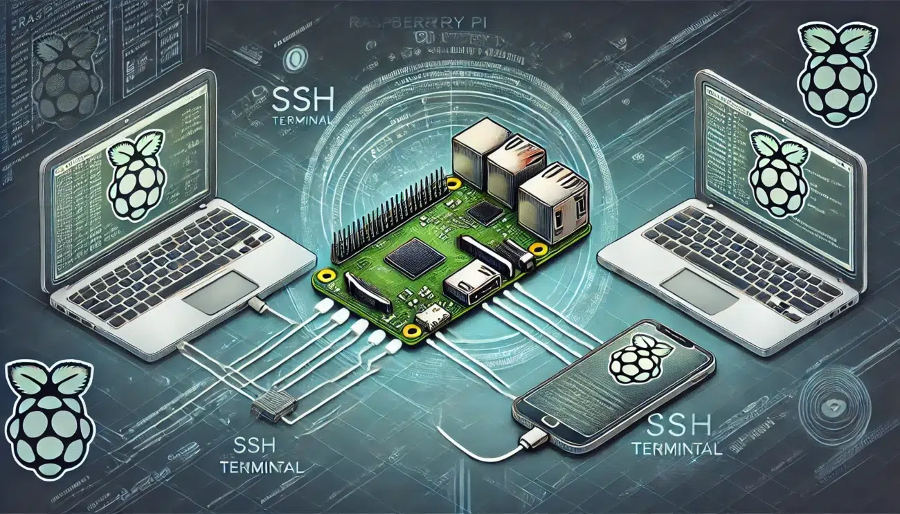 DALL·E 2024 08 09 15.13.42 A detailed illustration showing a Raspberry Pi with connections to a laptop and a smartphone highlighting remote connection options. The Raspberry Pi