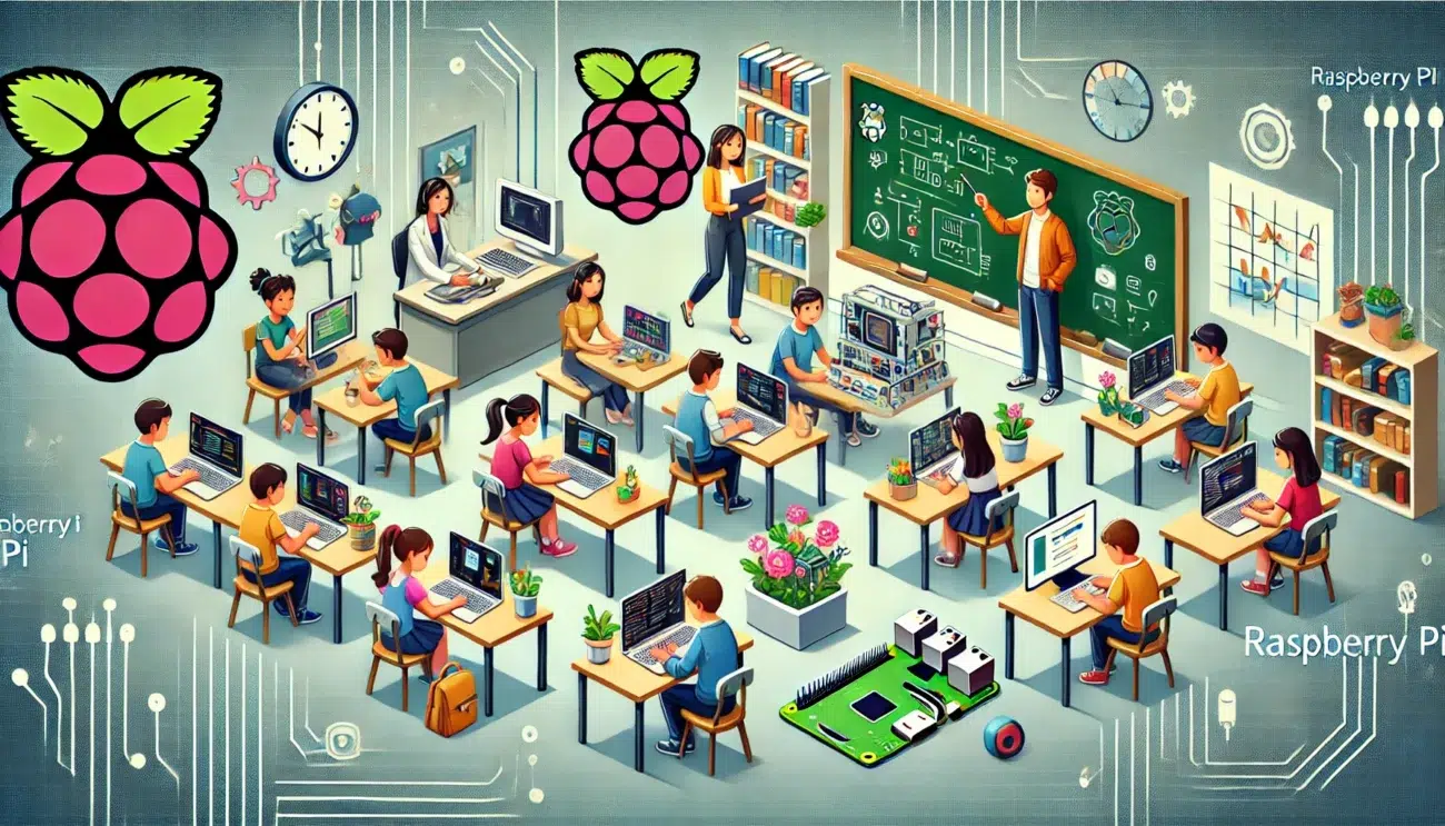 DALL·E 2024 08 09 15.23.27 An illustration showing a classroom setting with students and teachers using Raspberry Pi devices for various educational activities. The scene highli