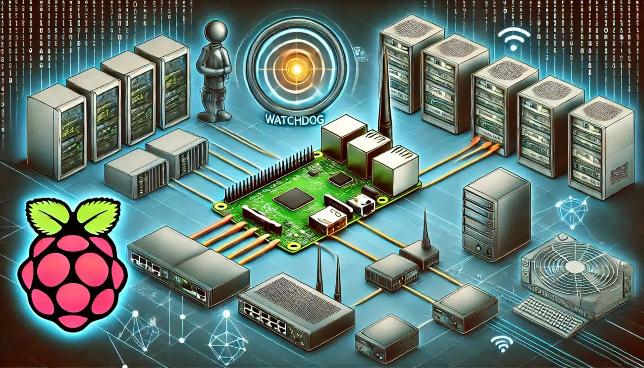 DALL·E 2024 08 09 15.29.40 A detailed illustration of a Raspberry Pi connected to various network devices with Watchdog monitoring them. The image shows a network setup with ro