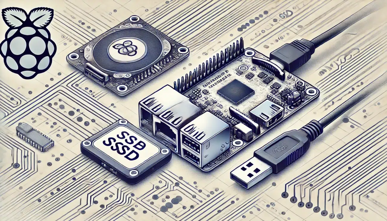 DALL·E 2024 08 27 15.00.09 A detailed illustration showing a Raspberry Pi booting from an SSD. The Raspberry Pi is connected to an SSD via a USB 3.0 port with a clear visual di