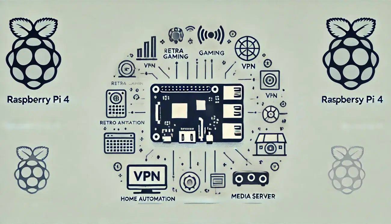 DALL·E 2024 10 24 12.01.12 A minimalistic and modern illustration showing a Raspberry Pi 4 surrounded by icons representing different possible projects like retro gaming VPN h