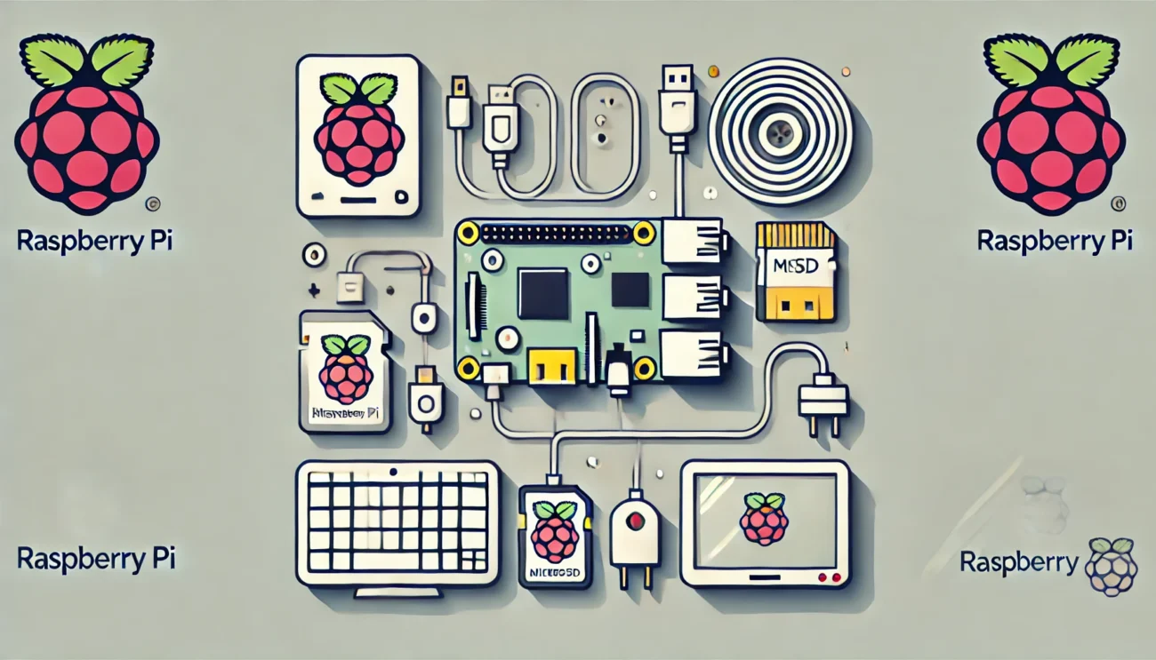 DALL·E 2024 10 24 12.06.11 A clean and minimalistic illustration representing the setup process of a Raspberry Pi. The design should include elements like a Raspberry Pi device