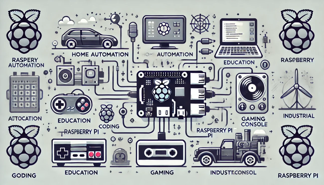 DALL·E 2024 10 24 15.49.26 A clean and modern illustration showing various everyday uses of the Raspberry Pi. The image should depict representations of home automation educati