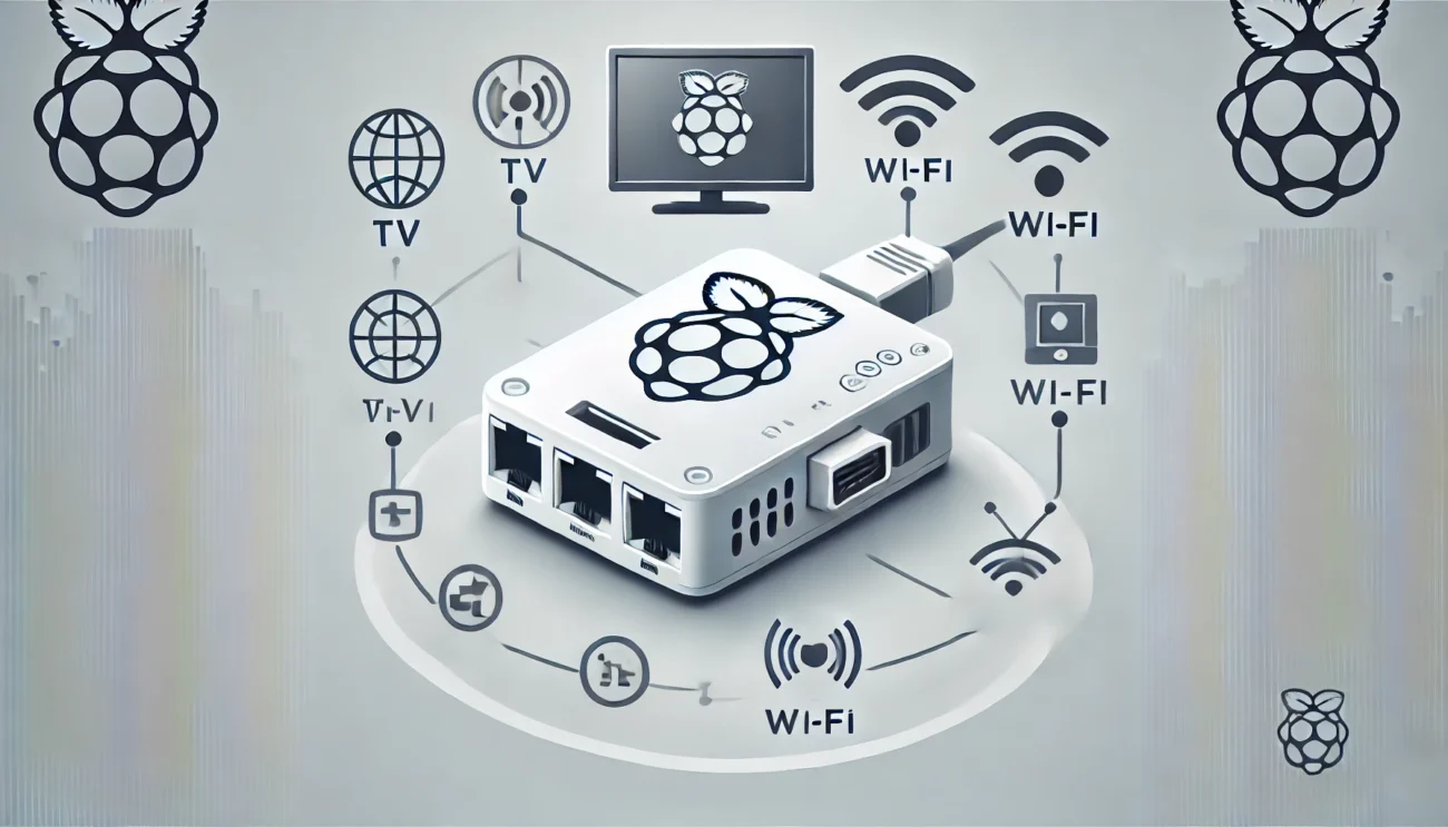 DALL·E 2024 11 04 12.07.59 A sleek and minimalistic illustration showcasing a Raspberry Pi set up as a media streaming device with icons hinting at streaming elements like a TV