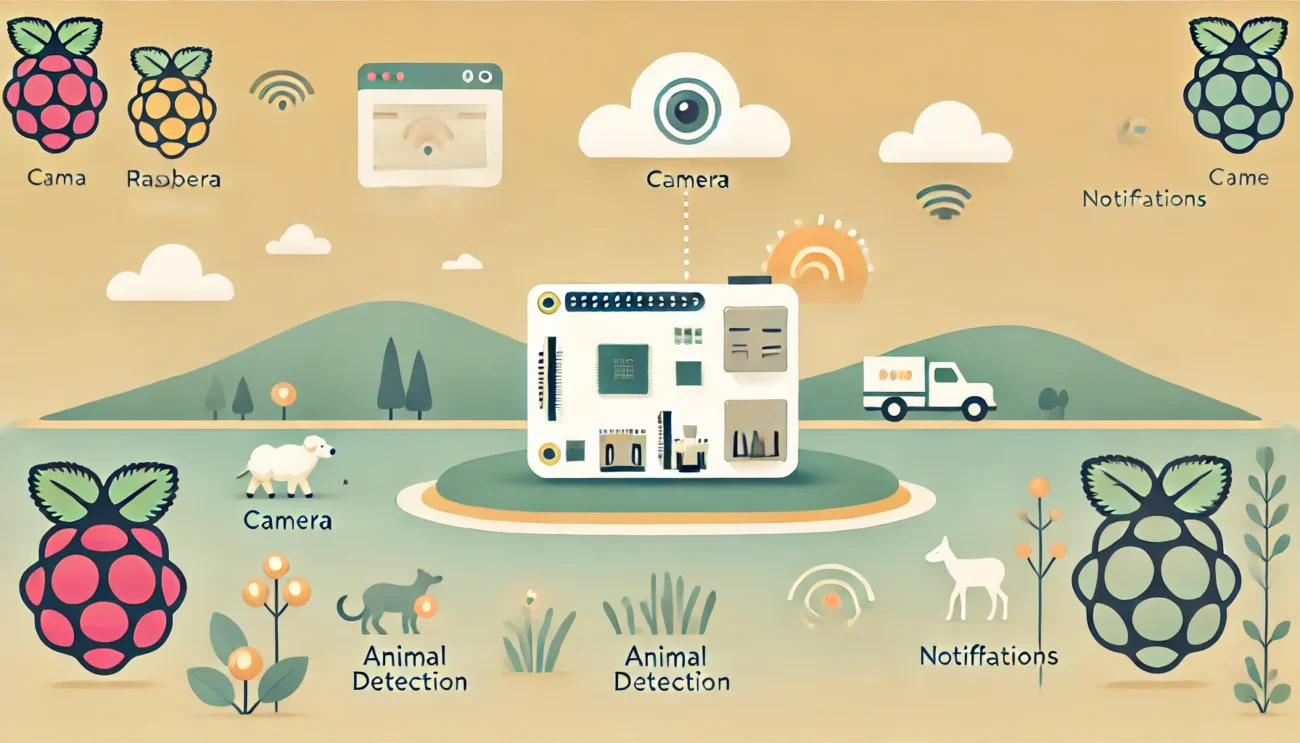 DALL·E 2024 11 04 12.35.13 A clean minimalistic landscape style illustration showing a Raspberry Pi with icons for camera animal detection notifications and a web interface