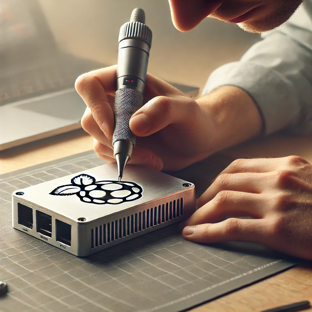 DALL·E 2024 11 05 15.57.23 An ultra realistic image of a professional workspace where a technician is engraving a Raspberry Pi case. The setup features a clean desk with an engr