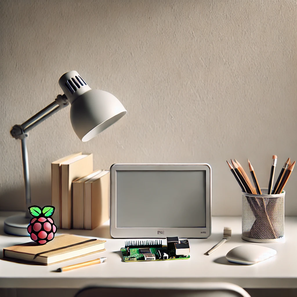 DALL·E 2024 11 05 16.12.01 A simple ultra realistic image of an educational setting focused on technology resources. The scene shows a clean desk with a single Raspberry Pi kit